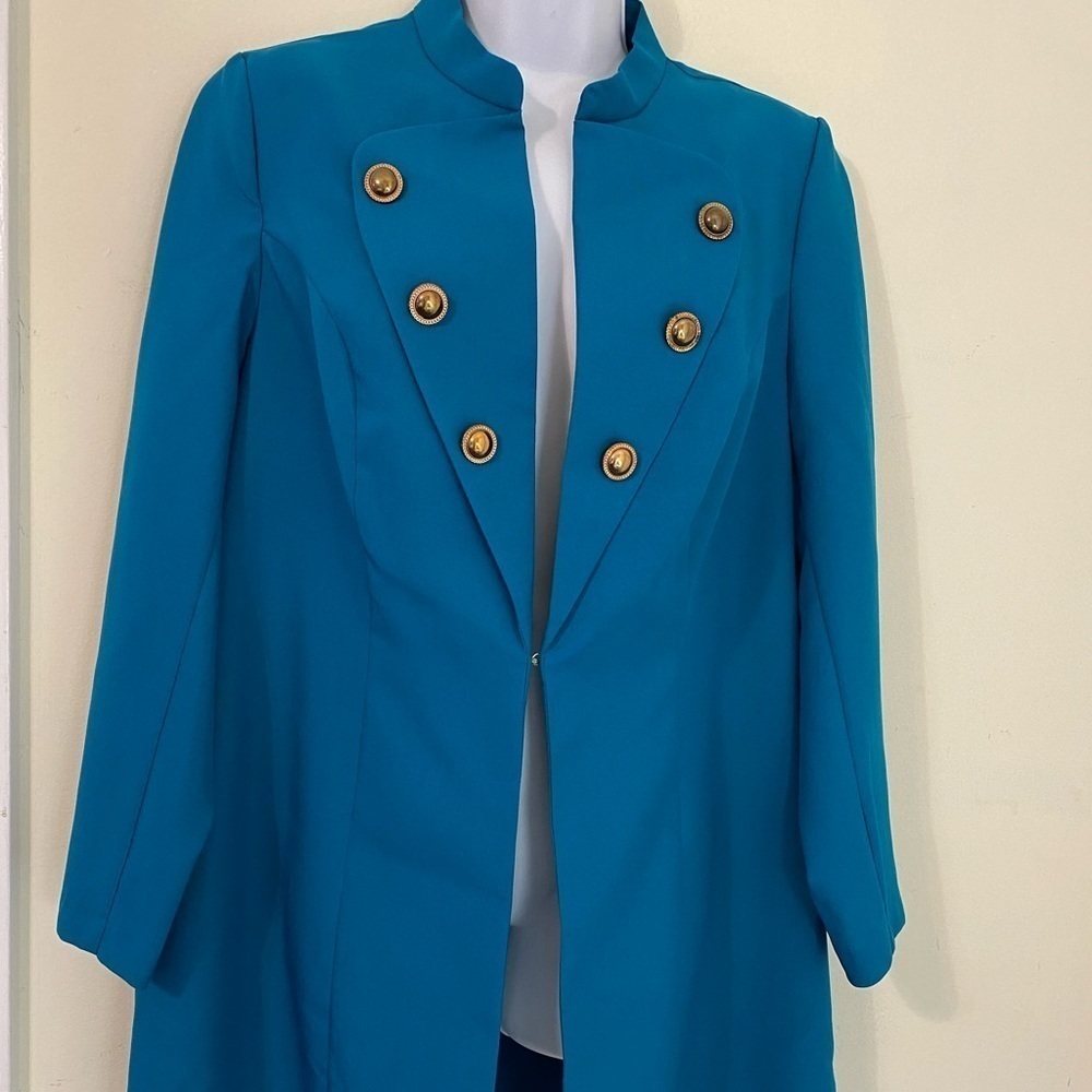 Teal Blazer Jacket Gold Buttons 90s Thigh Length